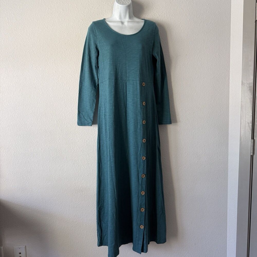 Soft Surroundings Teal Maxi Dress Lagenlook Casual Long Sleeve Asymmetric Button